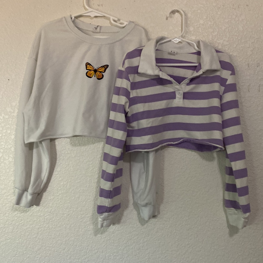 Shein White Crop Top Sweatshirt/Striped Long Sleeve Top